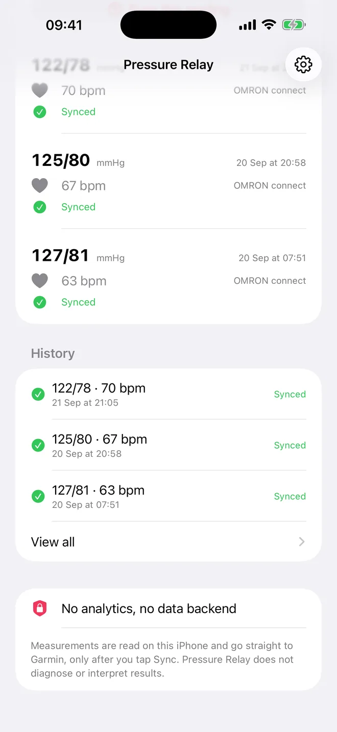 Sync history showing readings already sent to Garmin Connect